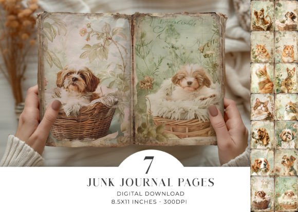 Cats Dogs Junk Journal Pages: Shabby Chic Digital Charm