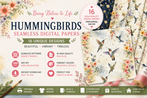Hummingbirds Digital Patterns: 16 Vibrant Seamless Designs